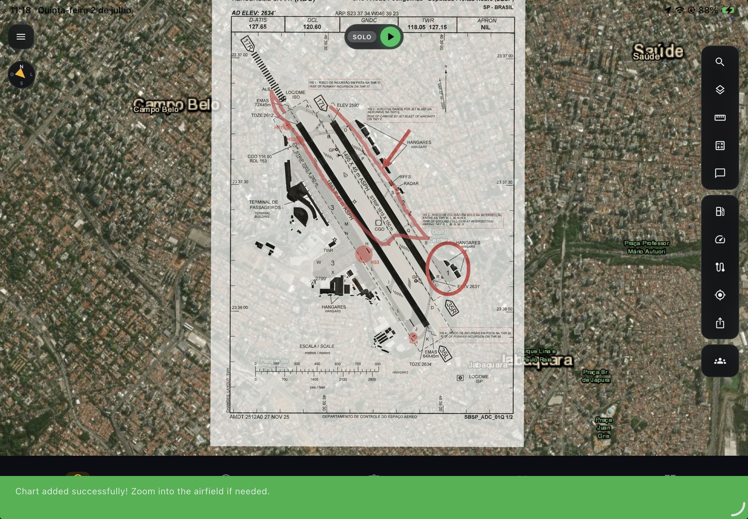 Carta sobreposta no mapa