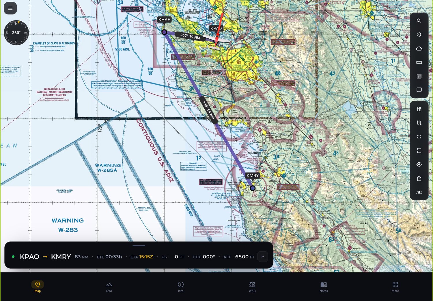Ruta VFR e IFR en el mapa