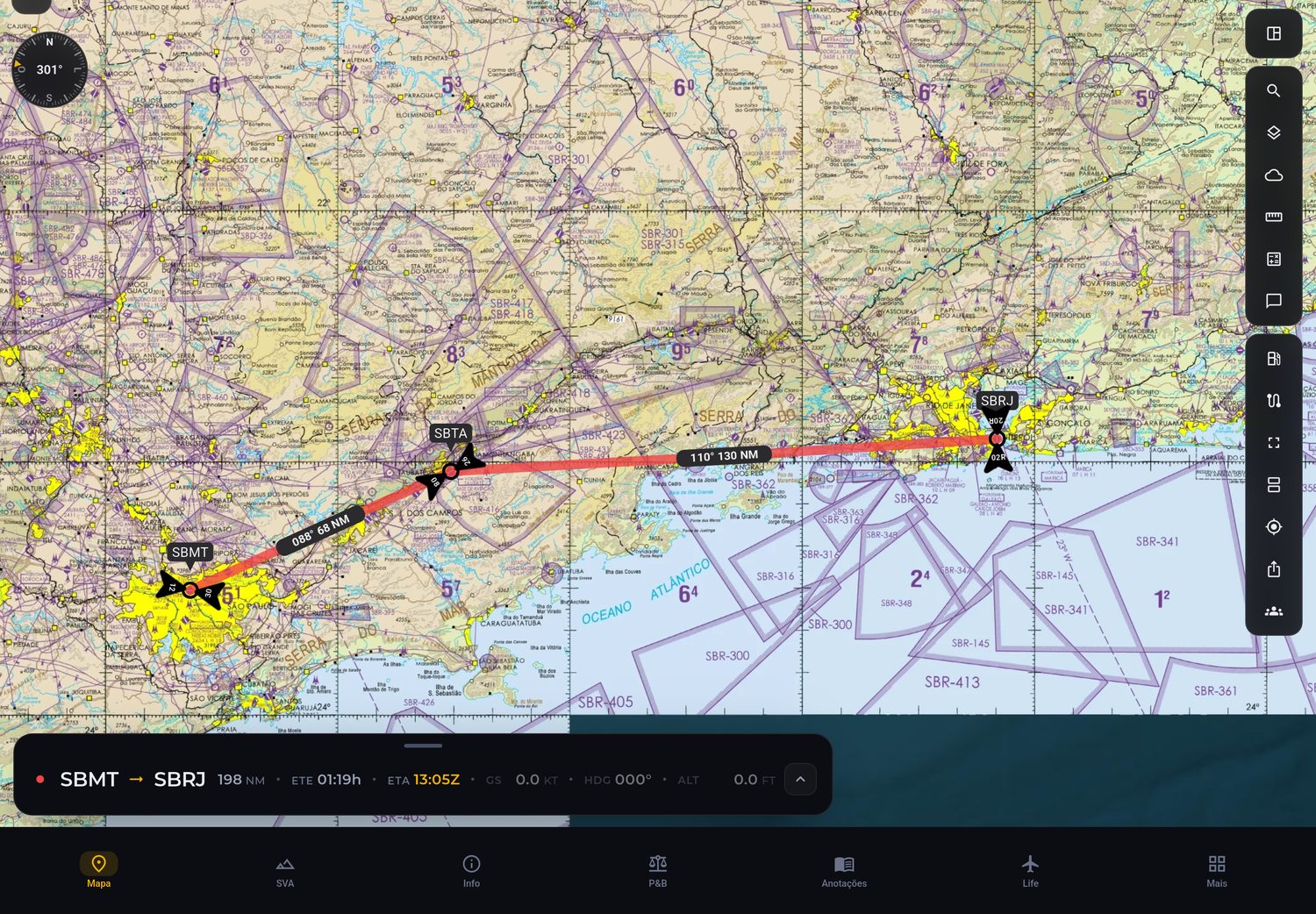Rota VFR e IFR no mapa