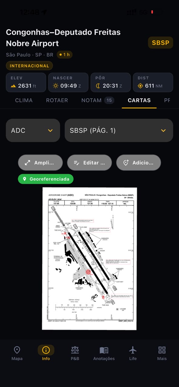 Cartas aeronáuticas no app Alfaero