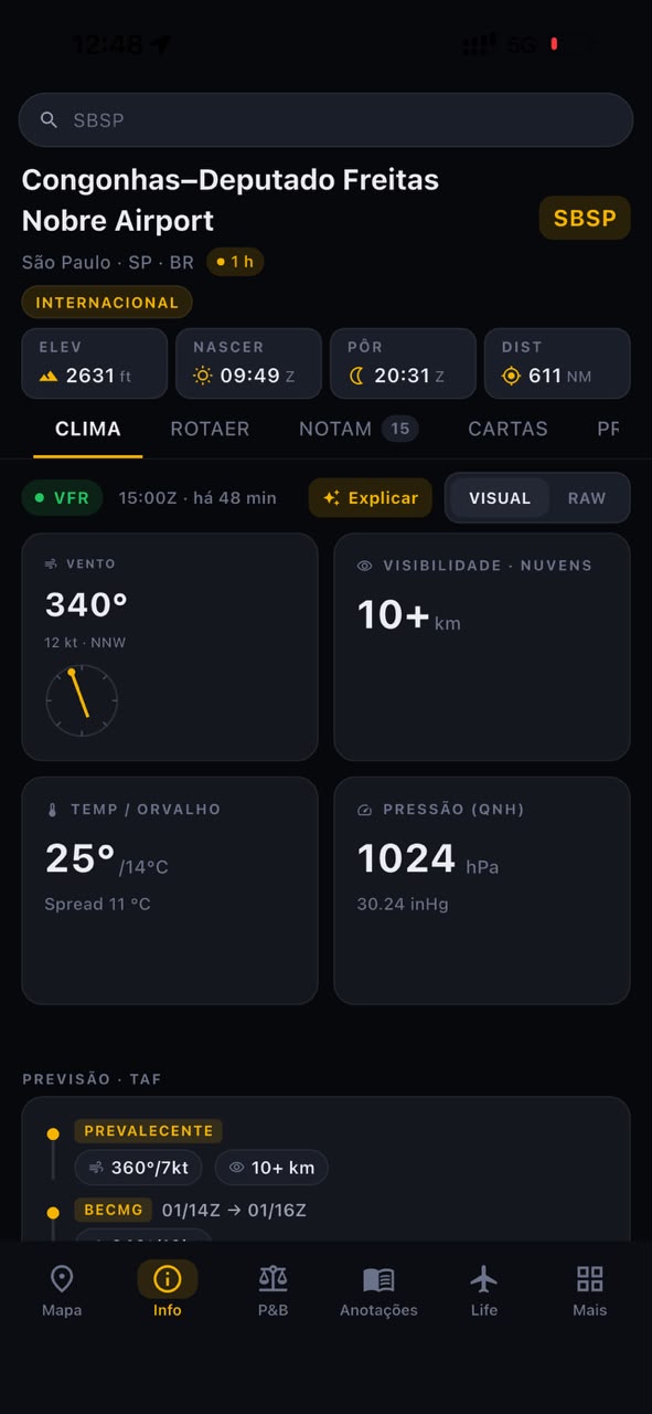 Briefing de clima (METAR/TAF) no app Alfaero