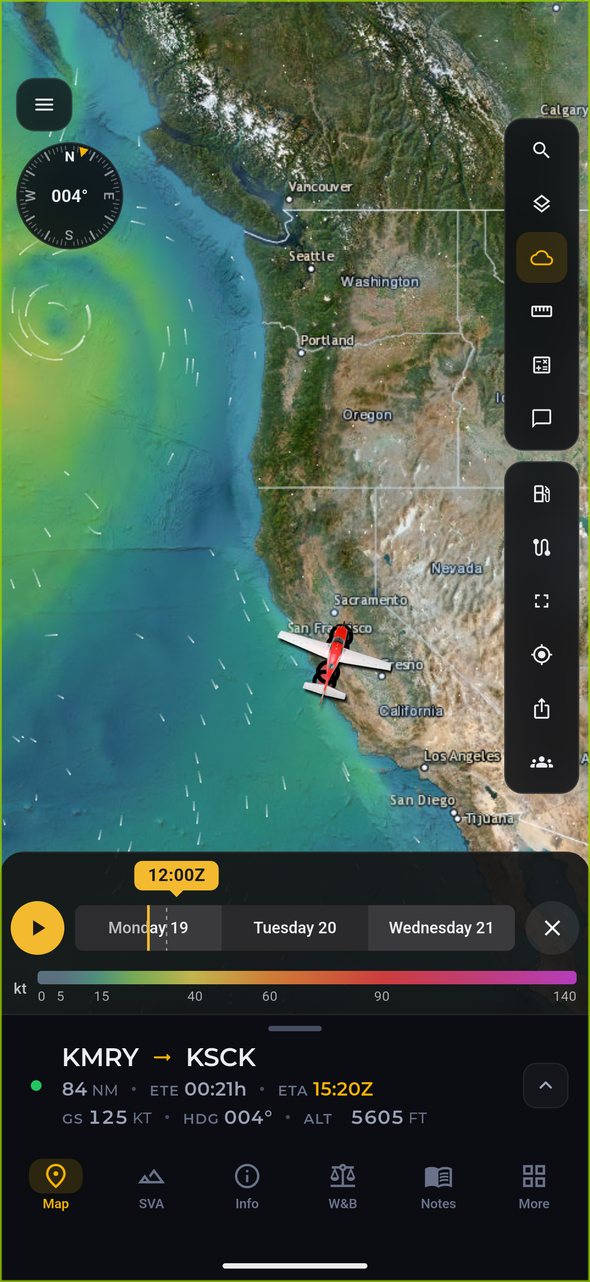 Meteorología en la ruta con el viento en partículas sobre el mapa en la app Alfaero