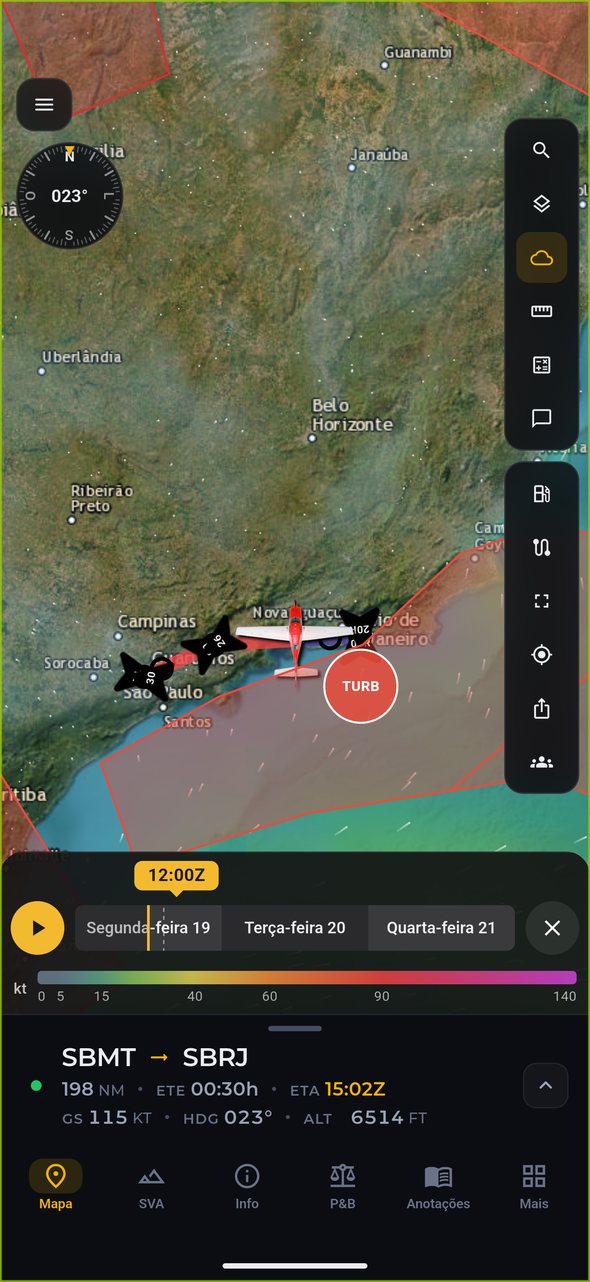 Meteorologia na rota com o vento em partículas sobre o mapa no app Alfaero
