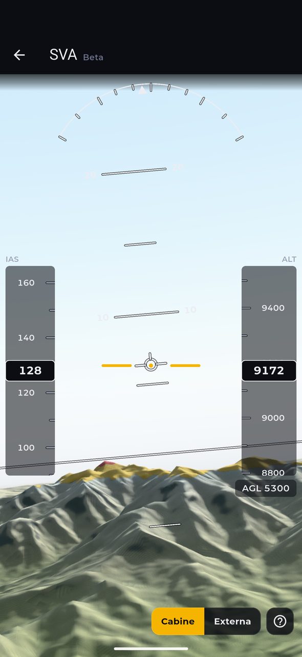 Visão sintética SVA com o relevo em 3D e as fitas de velocidade e altitude