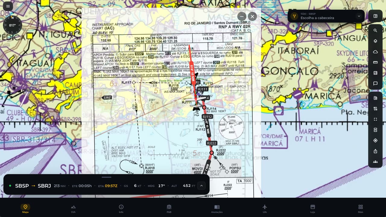 App Alfaero no mesmo instante: carta RNP A RWY 02R do Santos Dumont sobre o mapa, com a posição do avião na aproximação final.