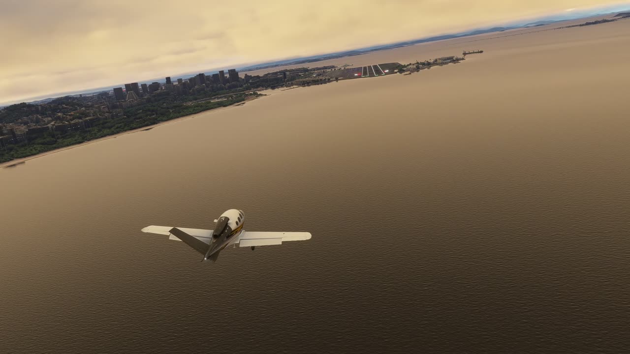 Microsoft Flight Simulator: Vision Jet na aproximação final para o Santos Dumont (SBRJ), sobre a Baía de Guanabara.